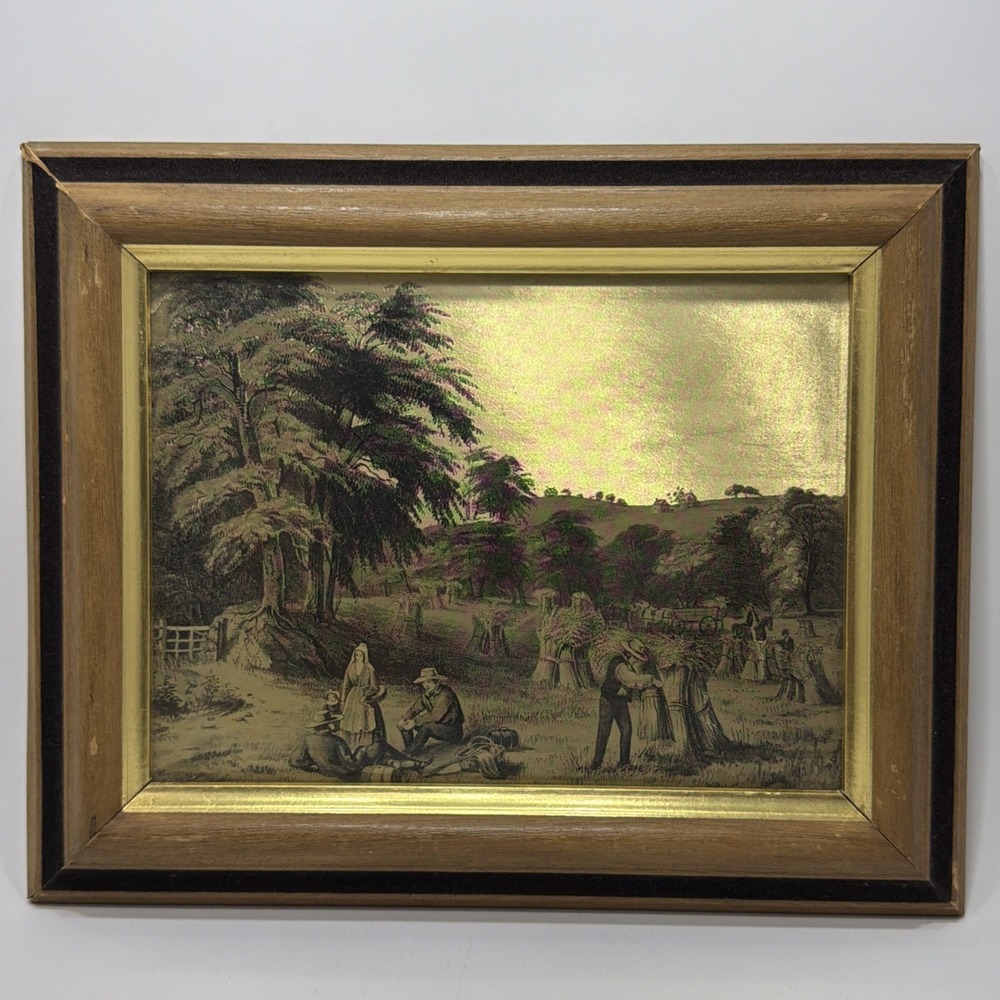 Vintage Currier & Ives Gold Foil Etched Art Harvest Landscape Wood Frame 8x10